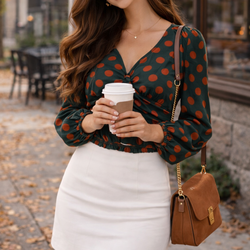 Green Polka Dot Ruched Crop Top – Long Sleeve Cute Fall Blouse (Size M)