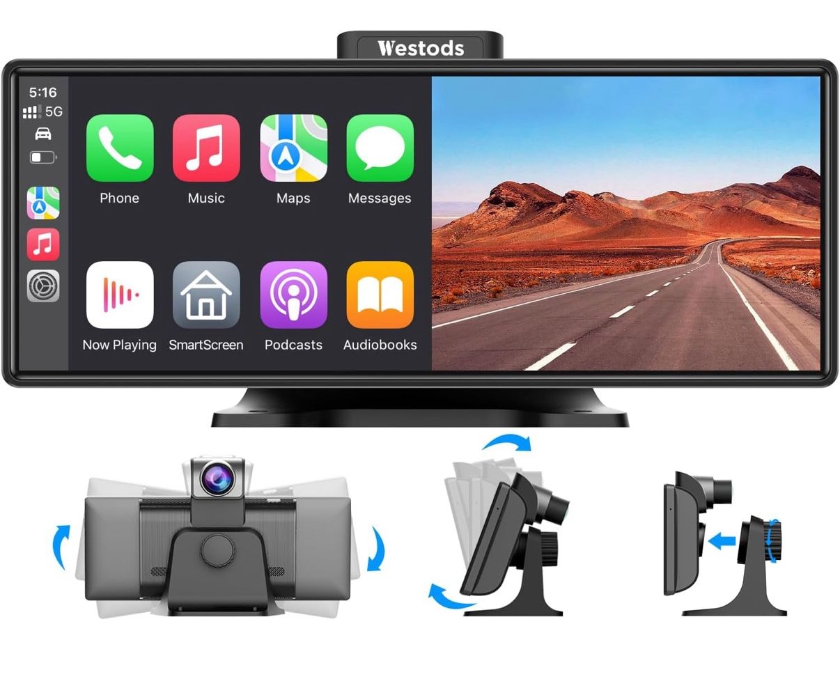Upgraded 10.26" Wireless Carplay Screen & Android Auto with 2.5K Dash Cam, 1080P Backup Camera, GPS Navigation, HD IPS Display, Adjustable, Detachable