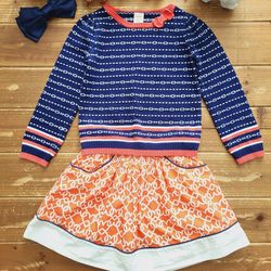 5T-6 GIRLS 2-PIECE OUTFIT BLUE/WHITE/ORANGE SWEATER W/COORDINATING SKIRT 