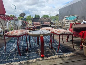 VINTAGE WROUGHT iron   4 chairs  with  costum made cusion  and table
