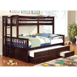 DARK WALNUT FINISH TWIN XL OVER QUEEN SIZE BUNKBED TRUNDLE STORAGE DRAWERS - LITERA SENCILLA CAJONES