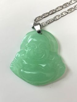 Green Jade Stone Buddha Necklace, 17” Silver Tone Chain, 1 1/8 inch Pendant