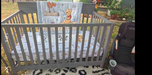 Crib, mattress and bedding