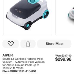 AIPER Scuba L1 Cordless Robotic Pool Vacuum - Automatic Pool Vacuum for Above Ground Pools up to 1100 sq.ft, White
