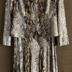 Frank Lyman 2pc Snake Skin Brn/Black Gold Sequined ZipUp Jacket Skirt Suit Sz 12