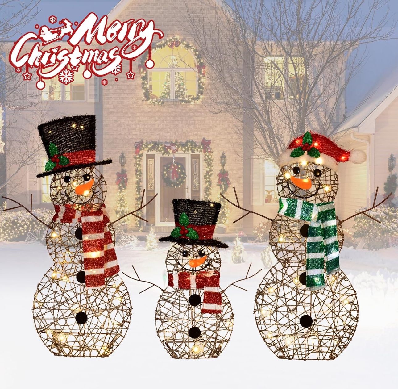 3-Piece 2D Lighted Christmas Rattan Snowman Family