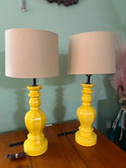Pair of Large Yellow Table Lamps with Shades – Statement Lamps