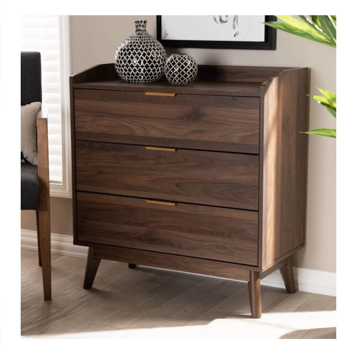 Mid Century Walnut Brown Finished 3 Drawer Wood Chest