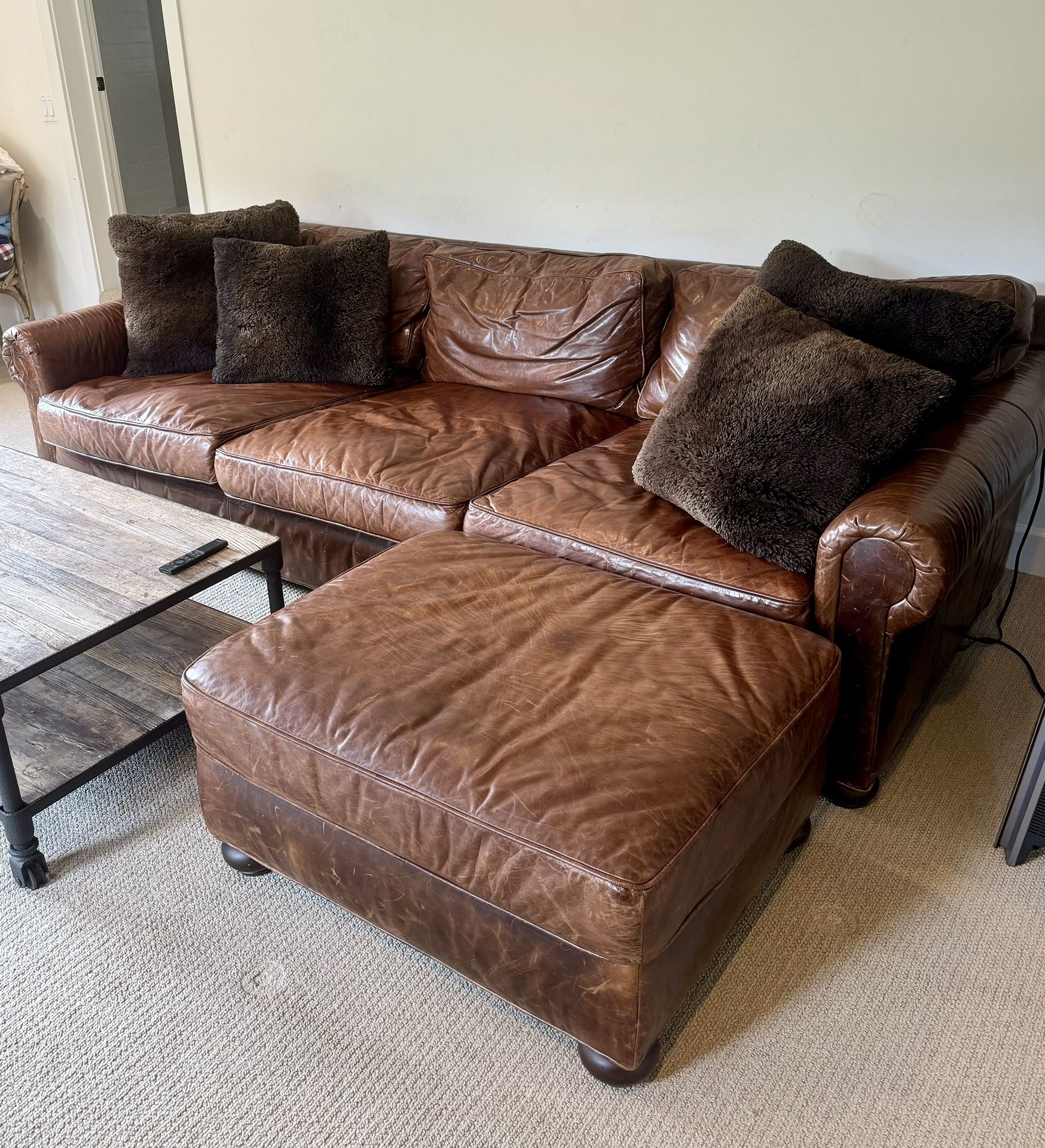 RESTORATION HARDWARE - Original Lancaster Leather Three-Seat-Cushion Sofa and Ottoman