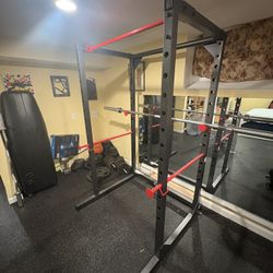 Weightlifting Rack, Bar, Bench, Dumbells, and Weights