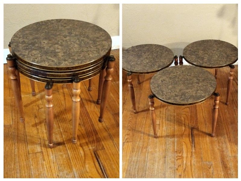 Mid Century Vintage Set of 3 Stacking Side Accent Tables With Durable Burlwood Formica Tops Trimmed in Gold