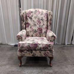 Floral Fabric Queen Anne Wingback Armchair with Cabriole Legs