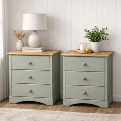 Refinished Sage Green Tall Solid Wood Nightstands – Set of 2