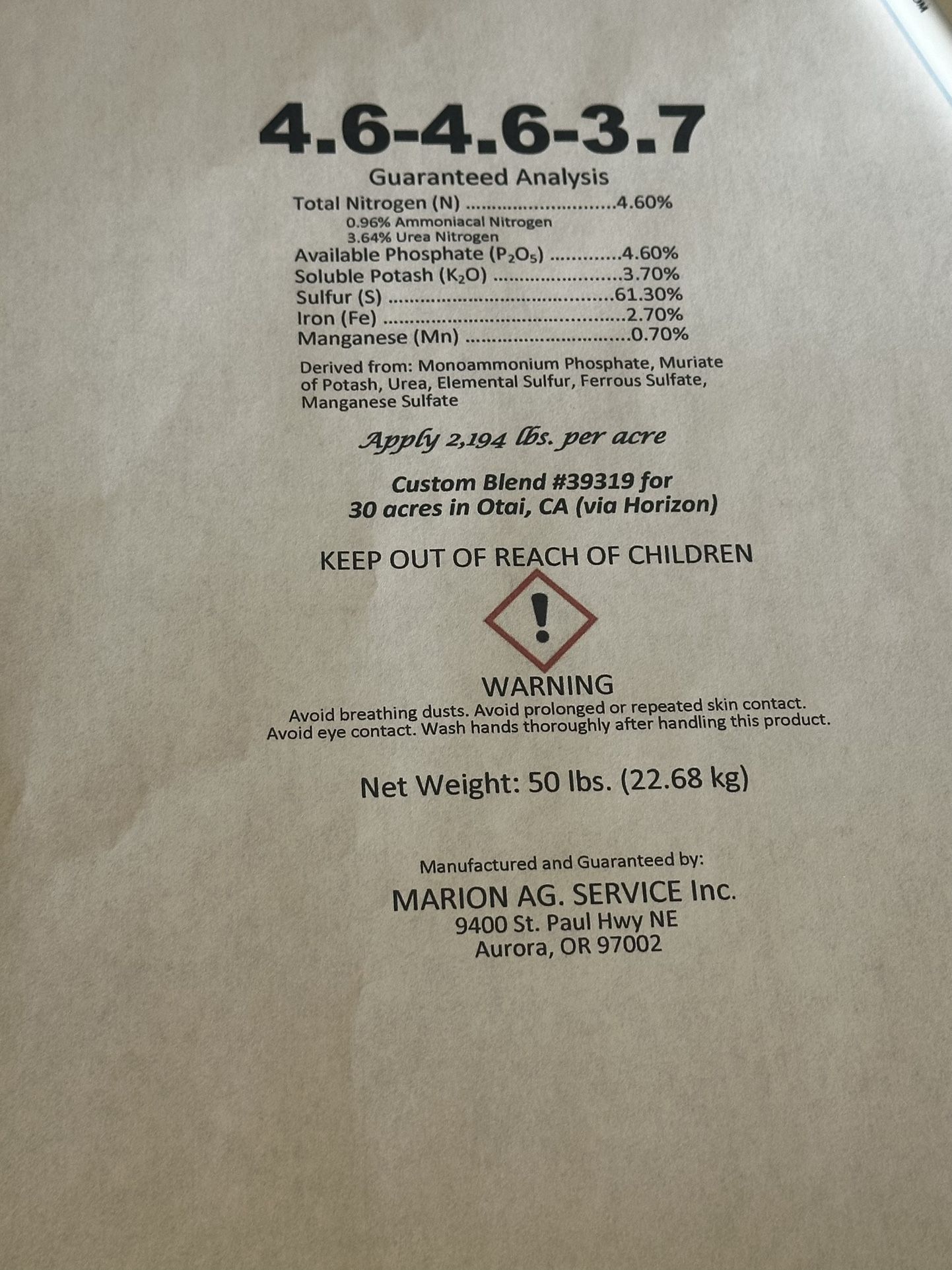 Fertilizer 4.6-4.6-3.7  $20 Per Bag