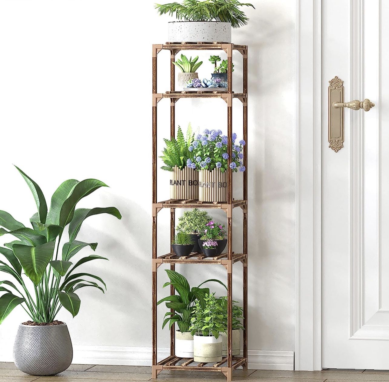 Wood Plant Stand Indoor Outdoor,47" Tall 5 Tier Plant Shelf Corner Flower Shelves for Indoor Plants multiple Plant Rack Small Space Wooden Pots Plante