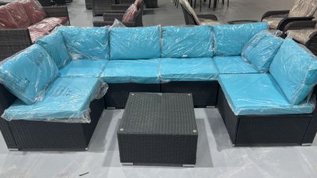 New 7 Pieces Outdoor Patio Sectional Sofa Couch,PE Wicker Furniture Conversation Sets with Washable Cushions & Glass Coffee Table for Garden, Poolside