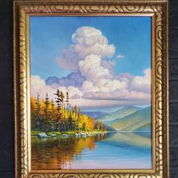 Original Oil Painting – Serene Lake Landscape with Mountains & Autumn Trees (25" x 20")