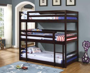 Bunks Collection 400302 Triple Twin Bunk Bed with Multiple Configurations, Built-In Ladder and Solid Pine Wood Construction in Cappuccino Finish