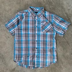 VINTAGE Y2K 2000s HURLEY TURQUOISE BLUE NAVY WHITE PLAID FLANNEL