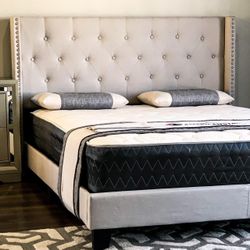 Brand New Queen Size Beige Linen Bed Frame With New Mattress/Fast Delivery