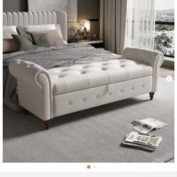 Beige Tufted Armed Storage Bedroom Bench