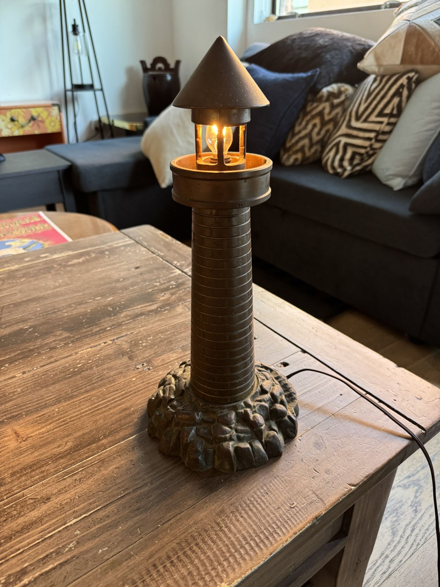 Antique 1920’s Nautical Bronze Lighthouse Table Lamp Art Deco 14”