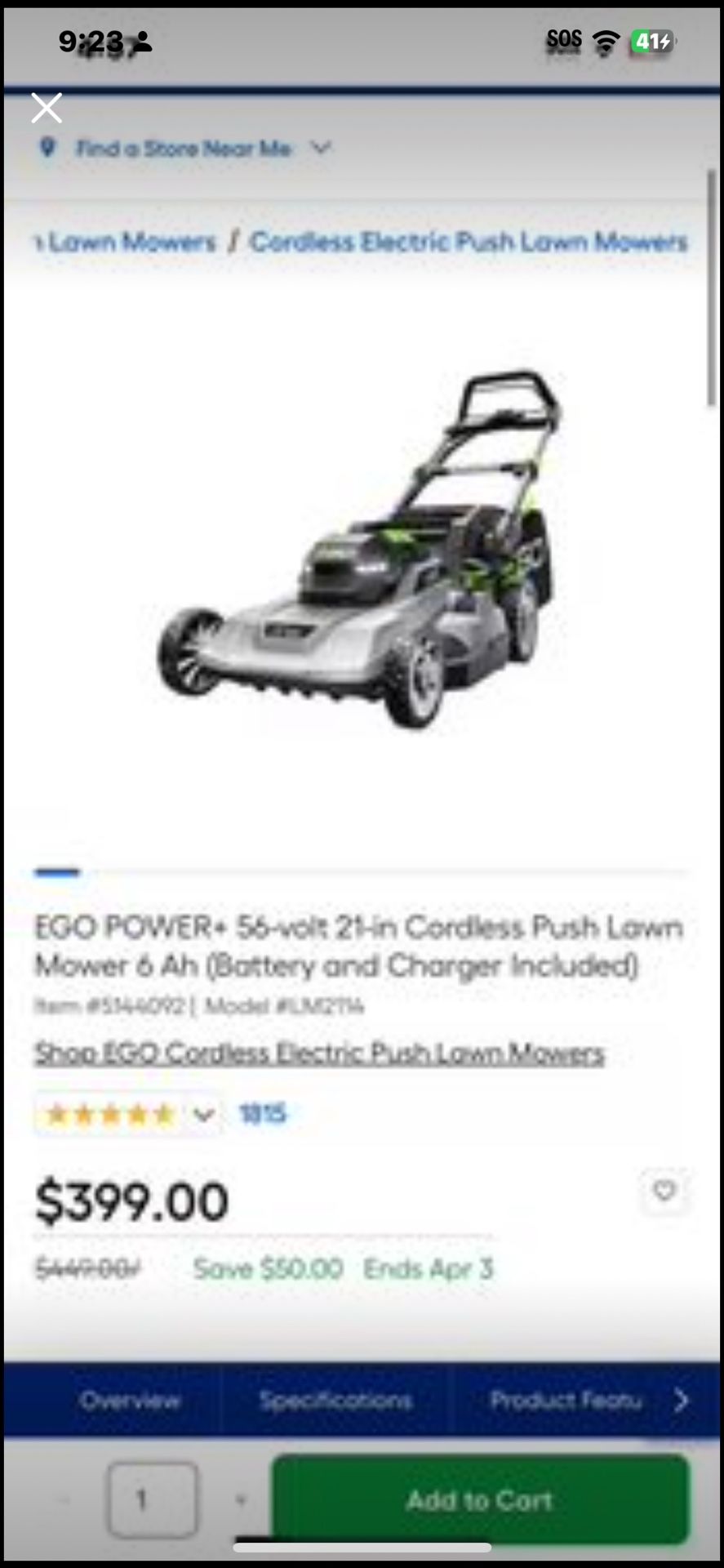 Ego Power 56-volt 21-in Cordless Push Lown Mower 6 Ah (Battery and Charger Included)