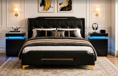 Queen Bed Frame with 2 LED Nightstands - all brand new in 2 boxes