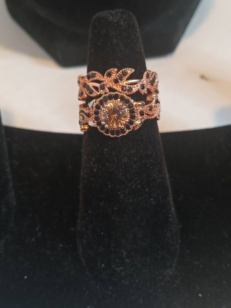 2pc Crystal Flower Rhinestone Floral Rose Gold Engage/Wedding Rings