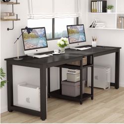(NEW) 78’’ Computer Desk, Extra Large Two Person Office Desk with Shelf, Double Workstation Desk for Home Office (All Black)