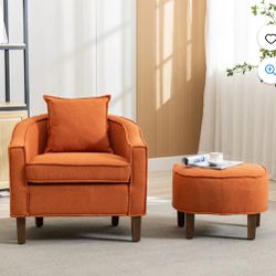 Accent Chair with Ottoman, Upholstered Barrel Chair for Adults, Single Sofa Armchair with Footrest Orange, G20