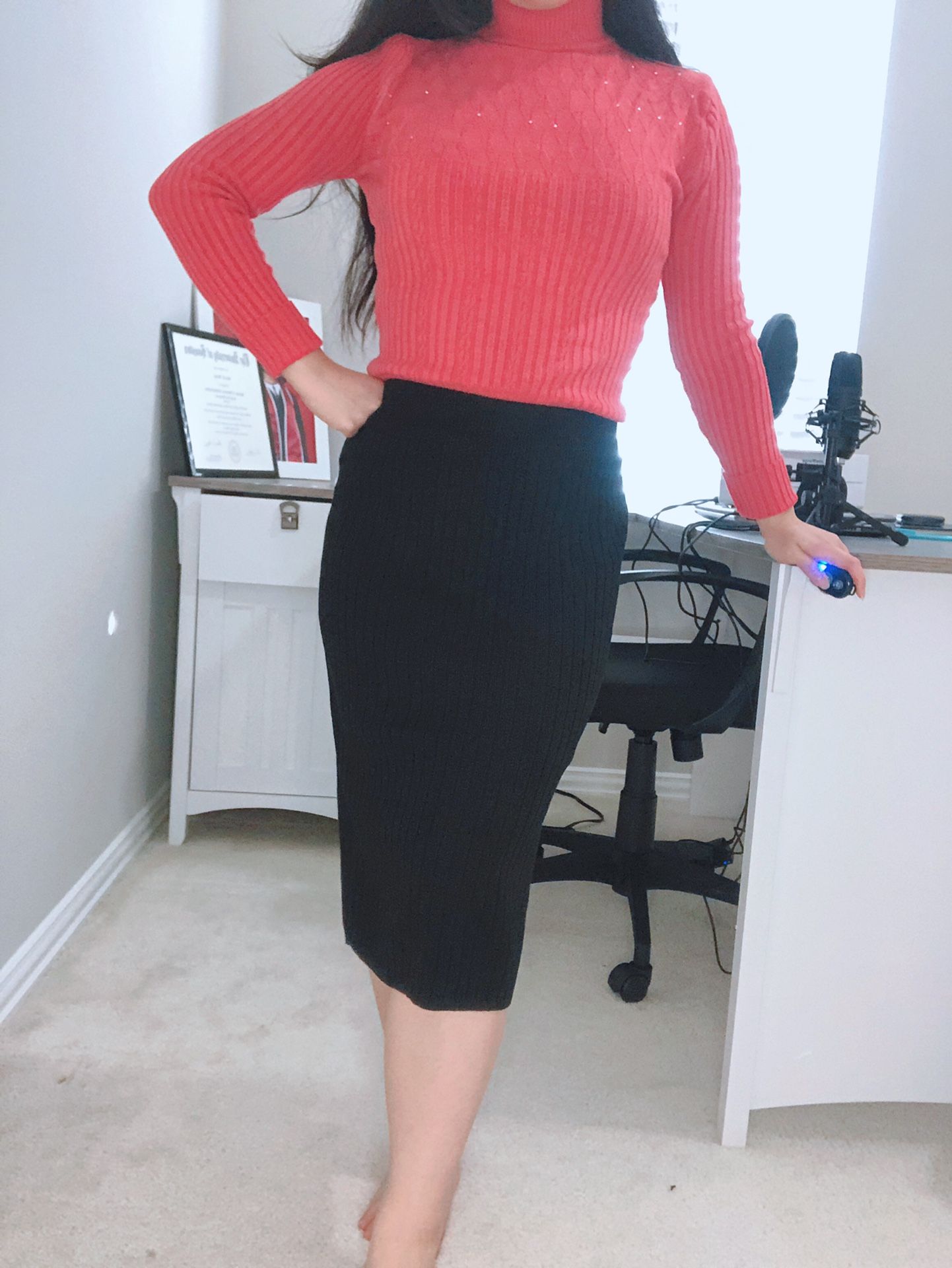 Women winter knit midi pencil office straight bodycon skirt
