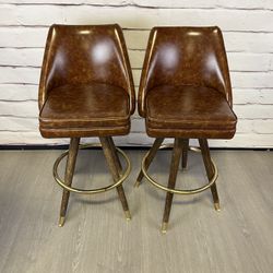 Vintage MCM Brown Tufted Swivel Bar Stools 2pc