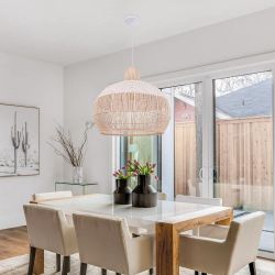 16in. 1-Light Bulb Two-Tone Hand-Woven Rattan Pendant Light, White Natural Basket Shaped.