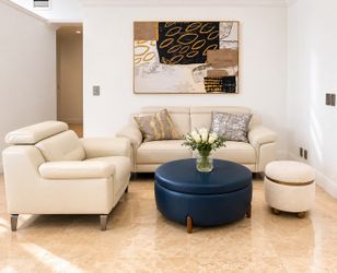 Modern Living Room Set – Loveseat, Accent Chair, Ottoman, Pouf & Wall Art