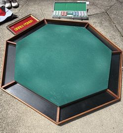 Antique Poker Table, chips and poker sign