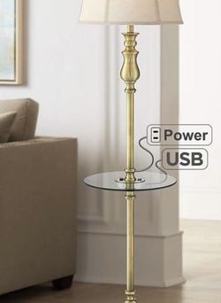 Hamlet Brass Tray Table Floor Lamp with Outlet and USB Port