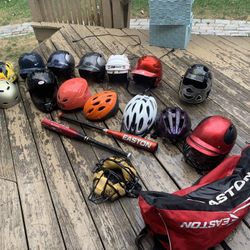 2 bats 1bag 1catchers mask and 10+ helmets