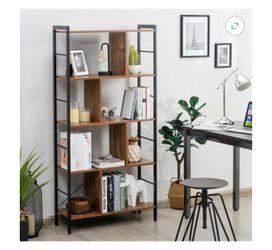 Industrial 5-Tier Bookshelf with Metal Frame – Brown & Black