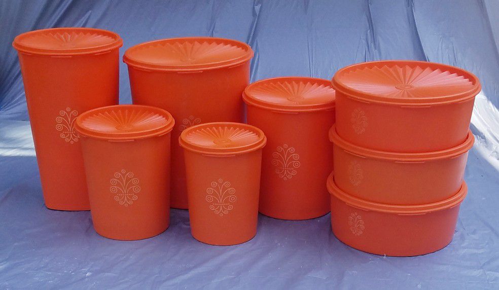 Vintage orange Tupperware canister set plus