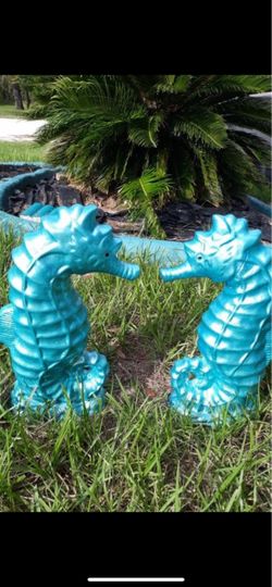 Teal Seahorse Garden Statues Set of 2/ solid concrete/ free delivery