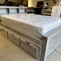 Queen Bed W 3 Drawers And Mattress 