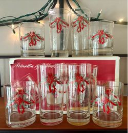 New Old Stock: Vintage 8-Piece Poinsettia & Ribbons Luminarc Beverage Set