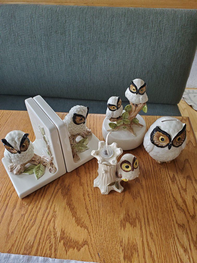 1979 Ceramic Owl Music Box, Bookends, Bank, And Oil Candle