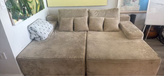 Beige Corduroy Sectional Sofa with Pillows