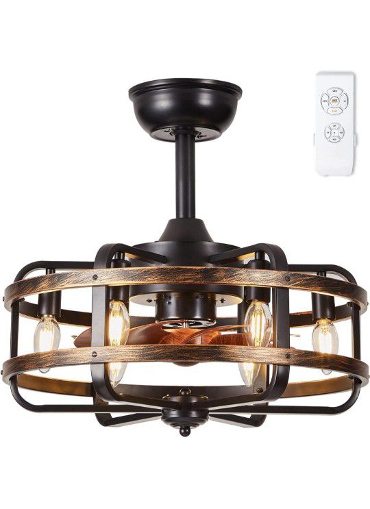 Caged Ceiling Fans with Lights Farmhouse, 18 Inch Flush Mount Vintage Bladeless Rustic Chandeliers Fan Remote Bedroom 6 Light E12 Bulb Base

