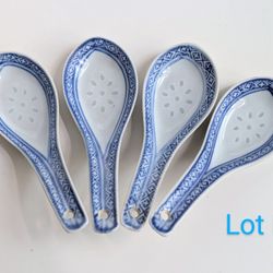Blue & White Chinese Grain Eyes Porcelain Rice Soup Spoons Set of 4 (Lot B)