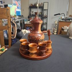 Hand-carved Wood Decanter Set Decanter, 5 Goblets & Tray Made In Esteli Nicaragua, Beautiful Mix Of Light & Dark Wood Vintage Mid 20th Century