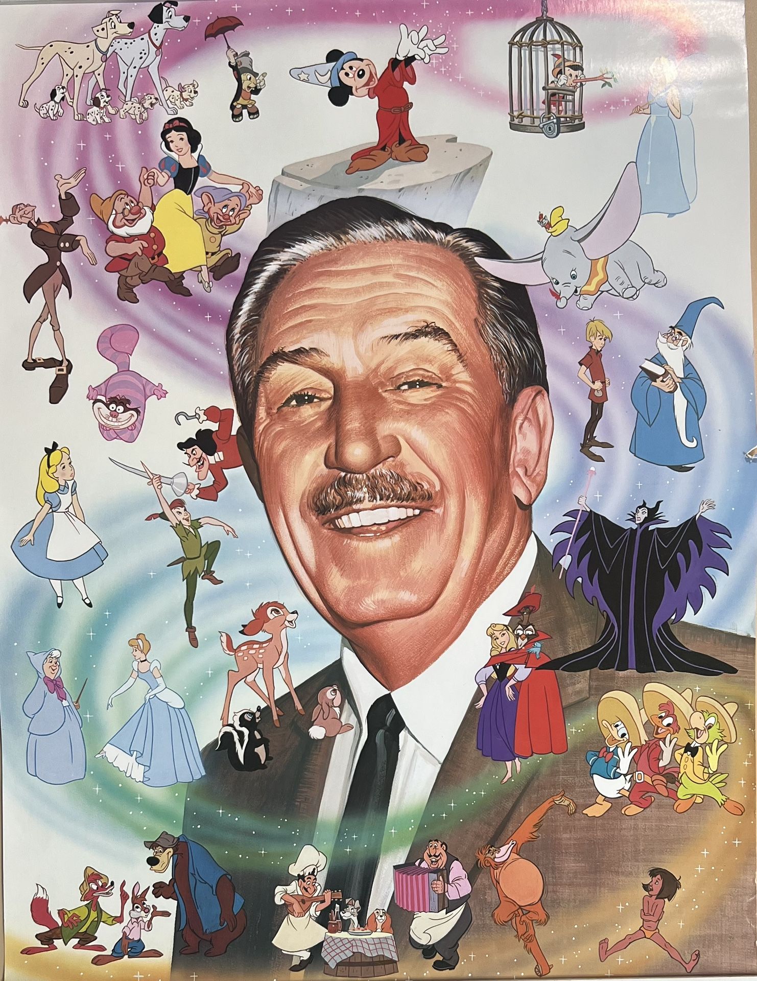 Walt Disney surrounded by classic Disney characters Poster