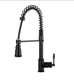 Akdy Commercial-Style Spring Neck Single-Handle Pull-Down Sprayer Kitchen Faucet With 2-function Sprayer in Matte Black